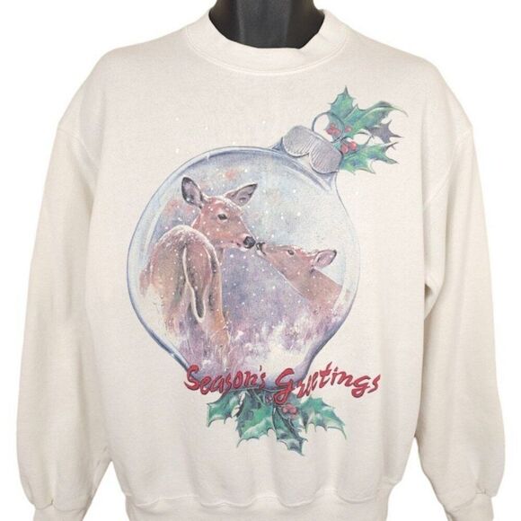 Vintage Christmas Sweatshirt Mens Size Large White 80s Holiday Made In USA - Picture 1 of 7